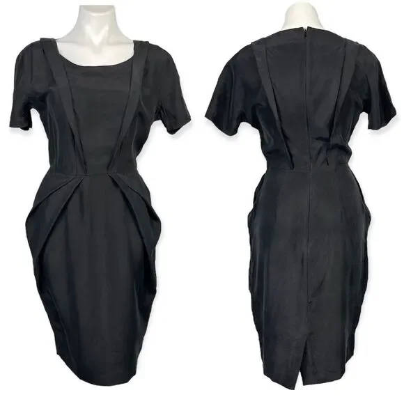 & Other Stories Black 100% Silk Hourglass Pinup Goth Midi Dress Pockets 36 S 4 - Picture 4 of 16